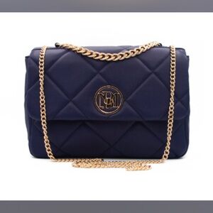 Badgley Mischka Navy Quilted Shoulder Bag with Gold Chain